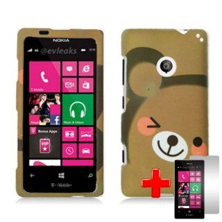 Nokia Lumia 521 (T Mobile) 2 Piece Snap On Rubberized Hard Plastic Case Cover, Brown Winking Teddy Bear + LCD Clear Screen Saver Protector: Cell Phones & Accessories
