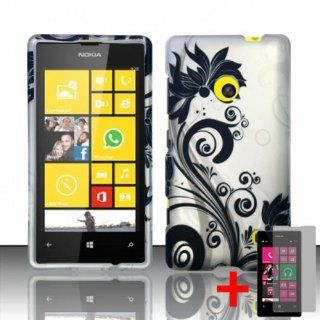 NOKIA LUMIA 521 BLACK SILVER FLOWER VINE RUBBERIZED COVER SNAP ON HARD CASE + SCREEN PROTECTOR from [ACCESSORY ARENA]: Cell Phones & Accessories
