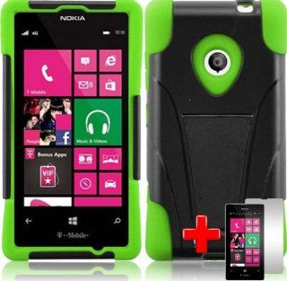 Nokia Lumia 521 (T Mobile) 2 Piece Silicon Soft Skin Hard Shell Kickstand Case Cover, Black/Green + LCD Clear Screen Saver Protector: Cell Phones & Accessories