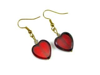 Ruby Red Heart Shape Czech Glass Beads Dangle Earrings, Accented with a Swarovski Clear Crystal, 15mm: Creative Ventures: Jewelry