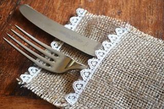 hessian and lace cutlery holder by bluebells & bunting