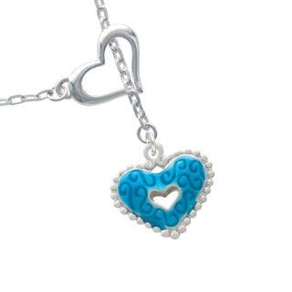 Two Sided Hot Blue Enamel Swirl Heart with Beaded Border Heart Lariat Charm Necklace Pendant Necklaces Jewelry