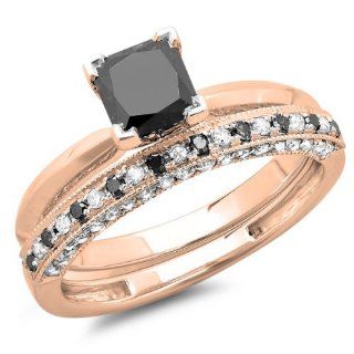 1.50 Carat (ctw) 14K Gold Princess Cut Black & Round White Diamond Bridal Engagement Ring Set 1 1/2 CT: Jewelry