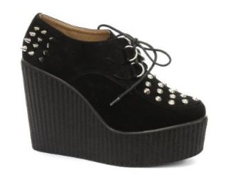 Odeon Black Faux Suede Studded Womens Platform Wedge Creepers: Creepers Shoes Women: Shoes