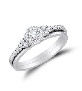 10K White Gold Halo Prong Set Round Brilliant Cut Diamond Bridal Engagement Ring and Matching Wedding Band Two 2 Ring Set   Classic Traditional Solitaire Shape Center Setting   (.30 cttw.): Jewelry