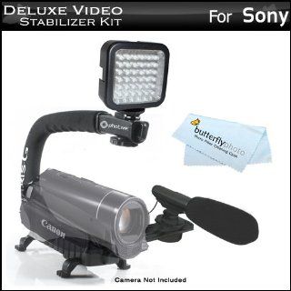 Deluxe LED Video Light + Mini Zoom Shotgun Microphone w/Mount + Video Stabilizer Kit For Sony HDR CX160, HDR CX560V, HDR CX700V, HDR HC9, HDR PJ10, HDR PJ30V, HDR PJ50V, HDR TD10, HDR XR160, HDR XR550V, NEX VG10, NEX VG20 Includes Handle + Microphone + LED