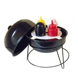 Barbeque Grill Shaped Mustard Ketchup Salt & Pepper shaker Condiment caddy Set (Black): Condiment Racks: Kitchen & Dining