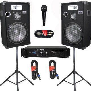 Podium Pro Deluxe DJ 15" Speakers, Stands, Amp, Cables, Bluetooth and Mic Set for PA Karaoke E1525SETB: Musical Instruments