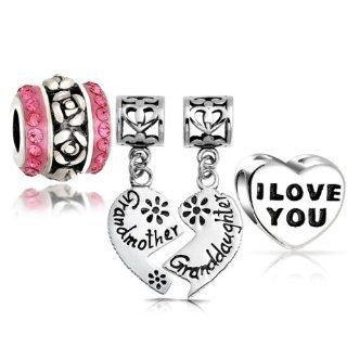 Bling Jewelry Sterling Grandmother Grandaughter Heart Pink Flower Love Bead Set Jewelry