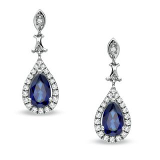 Pear Shaped Lab Created Blue and White Sapphire Drop Earrings in 10K