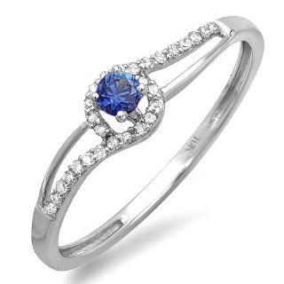 0.16 Carat (ctw) 10k White Gold Round Cut Blue Sapphire And White Diamond Ladies Engagement Bridal Promise Ring Jewelry