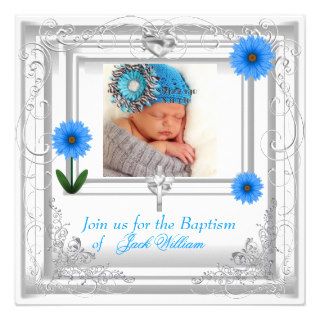 Baby Boy Blue White Christening Baptism Cross Personalized Invite