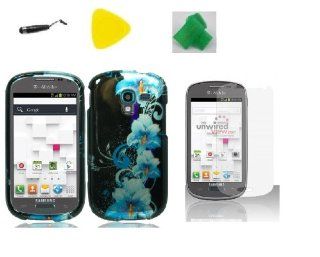 Blue Flower Hard Case Phone Cover + Extreme Band + Stylus Pen + LCD Screen Protector + Yellow Pry Tool for Samsung Galaxy Exhibit T599N SGH T599 (2013): Cell Phones & Accessories