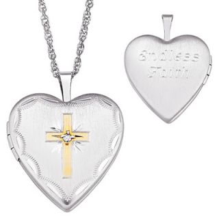 Diamond Accent Cross Engraved Heart Locket in Sterling Silver (2 Lines
