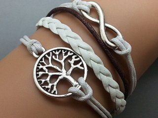 Life Tree Bracelet Infinity bracelet White and Brown wax cord White Braided Leather Antique Sliver Friendship Gifts 2418r: Jewelry