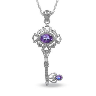 Amethyst Vintage Style Key Pendant in Sterling Silver with Diamond