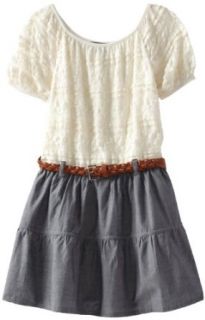 My Michelle Girls 7 16 Peasant Dress, Ivory/Chambray, 7: Clothing
