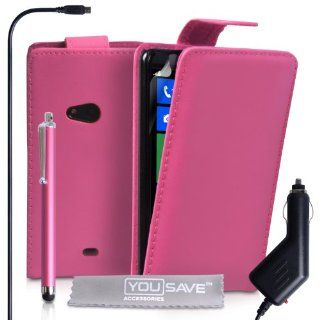 Nokia Lumia 625 Case Hot Pink PU Leather Flip Cover With Stylus Pen And Car Charger: Cell Phones & Accessories