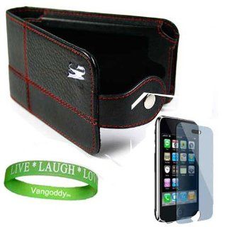Black Manhattan Premium Leather Flip Case, Red Stitching with Belt Clip for Apple iPhone 3G+Custom iPhone 3G Screen Protector +VG Live*Laugh*Love Wrist Band: Cell Phones & Accessories