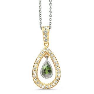 Twin Pear Shaped Diamond Pendant In 18K Yellow Gold With A 0.60 ct. Genuine Green Tourmaline Center Stone.: CleverEve: Jewelry