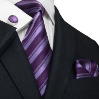 Landisun 656 Dark Purple Stripes Mens Silk Tie Set Tie+Hanky+Cufflinks at  Mens Clothing store Neckties