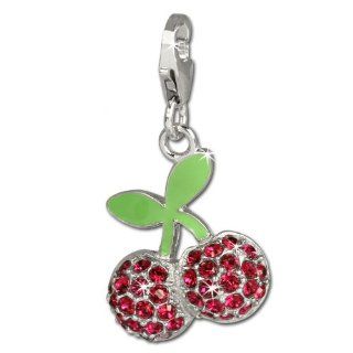SilberDream Charm green enameled cherries with red Zirconia, 925 Sterling Silver Charms Pendant with Lobster Clasp for Charms Bracelet, Necklace or Earring FC667: SilberDream: Jewelry