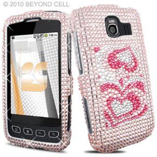 LG Optimus S U LS670 LS 670 UX 670 UX670 Cell Phone Full Crystals Diamonds Bling Protective Case Cover Silver with 3D Pink Love Hearts Spade Design Cell Phones & Accessories