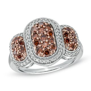 CT. T.W. Enhanced Red and White Diamond Triple Oval Frame Ring in
