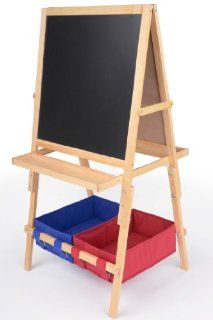 Height Adjustable Children's Easel with 2 Fabric Storage Bags, Double Sided Learning Station with a Black Chalk Board and a White Marker Board for Wet Erase Markers, 2 Accessories Trays and Paper Roll   Wood  