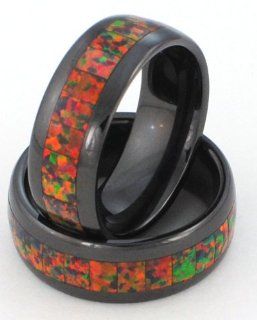 8mm Precious Opal Black Ceramic Ring with Red Inlays That Flashes with Orange, Red, and Slight Green Fire: Jewelry