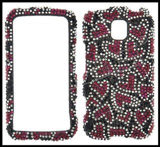LG MS690 Optimus M Full Diamond Blings Cover Case Black with Red Hearts Shape Design + Clear Screen Protector Cell Phones & Accessories