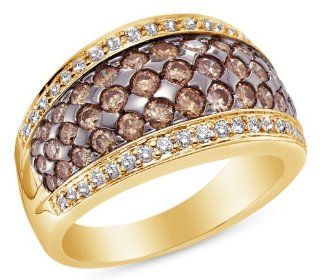 14K Yellow Gold Channel Set Three Rows Round Brilliant Cut Chocolate Brown and White Diamond Ladies Womens Wedding Band OR Anniversary Ring (1.51 cttw.) Jewelry