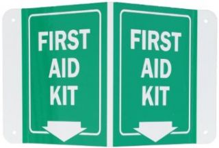 SmartSign Projecting Aluminum V Sign, Legend "Projecting   First Aid Kit" with Down Arrow, 6" high with 5" wide panels, White on Green: Industrial Warning Signs: Industrial & Scientific