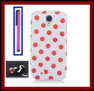 Samsung Galaxy S4 i9500 Glossy Pink Polka Dots White Design Snap on Case Cover Front/Back + Hot Pink Stylus Touch Screen Pen + One FREE Pink 3.5mm Bling Headset Dust Plug: Cell Phones & Accessories