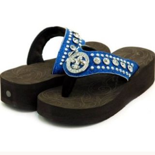 Montana West Blue Fleur de Lis Crystal Concho Wedge Flip Flops (9): Sandals: Shoes