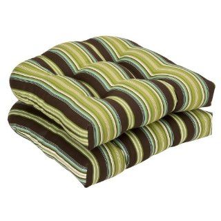 Pillow Perfect Indoor/Outdoor Brown/Green Striped Wicker Seat Cushions, 19 Inch Length, 2 Pack   Patio Furniture Cushions