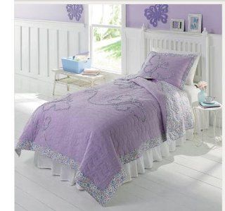 Girls Purple Butterfly Cotton Full Quilt & Shams Set, 3 Piece Bedding   Childrens Quilts