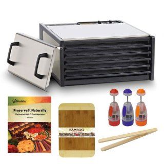 Excalibur 5 Tray Stainless Steel Electric Dryer w/Plastic Trays dehydrator + Preserve It Naturally Book + Cutting Board Bamboo 8 X 12 Bamboo Finish + Multi Purpose Chopper Plastic Finish + Bamboo Toast Tong   6.5 Inch Long: Watt Stainless Dehydrator: Kitch