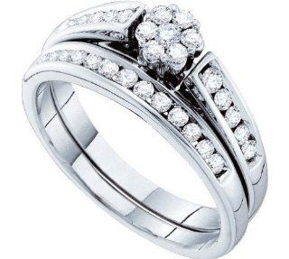 14k White Gold Natural Round Diamond Womens Ladies Flower Cluster Bridal Wedding Engagement Ring & Anniversary Band Set   .50 (1/2) Ct.t.w.: Jewelry