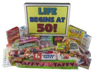 50th Birthday Party Celebration Gift Box of Retro Candy   Life Begins At 50 : Gourmet Candy Gifts : Grocery & Gourmet Food