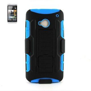 Heavy Duty Rugged Dual Layer Inner Silicone and Hard Outer Protective Case Cover and Holster with Swivel Belt Clip Combo for HTC One / M7 Cell Phone   Black/Blue Cell Phones & Accessories
