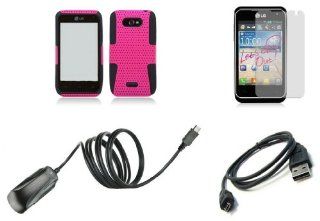 LG Motion 4G MS770 (MetroPCS) Premium Combo Pack   Hot Pink / Black Perforated Mesh Hybrid Armor Case + Atom LED Keychain Light + Screen Protector + Micro USB Cable + Wall Charger: Cell Phones & Accessories