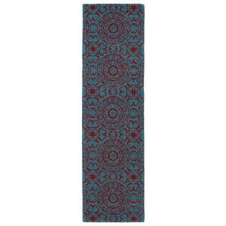 Runway Peacock Blue/red Suzani Hand tufted Wool Rug (23 X 8)