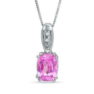 Cushion Cut Lab Created Pink Sapphire and Diamond Pendant in 14K White