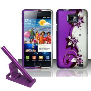 5pcs combo for AT&T Samsung Galaxy S2 S II SGH i777   Silver Black Purple Flower Vine Rubberized Snap on Hard Cover Shield Case + Aluminum capacitive stylus pen + adjustable mini phone stand + lcd screen protector film + case opener Cell Phones & 
