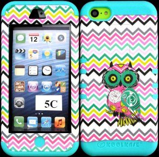 Apple Iphone 5c Owl on Chevron Waves Pattern Design Hard Plastic Protective Cover Case with Kickstand on Baby Teal Silicone Gel.: Cell Phones & Accessories
