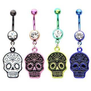 14g 7/16" Press Fit Clear Gem Navel Barbell with a Sugar Skull Dangle Charm, white/ clear; sold individually: Body Piercing Rings: Jewelry