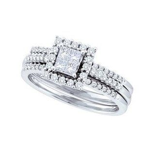 14k White Gold Natural Quad Princess Diamond Womens Ladies Halo Bridal Wedding Engagement Ring & Anniversary Band Set   .50 (1/2) Ct.t.w.: Jewelry