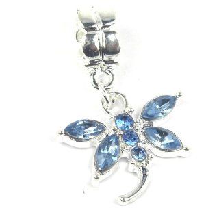 " Lt Blue Dragonfly w/ Crystal Dangle " Charm for Pandora Chamilia Kay's Troll European Story Charm Bracelets Bead Charms Jewelry