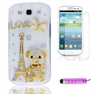 Samsung Galaxy S3 III I9300 Pearl Iron Tower Bear Decoration Hard Cover Case Skin For Protection With Paster And Pink Stylus: Cell Phones & Accessories